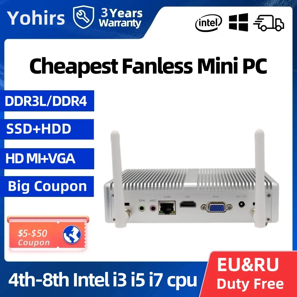 Cheap Small Mini Host Core i3 7167U i5 7267U DDR4 Windows 10 Pro HD VGA 4K HTPC Fanless Desktop Home Theater Personal Computer