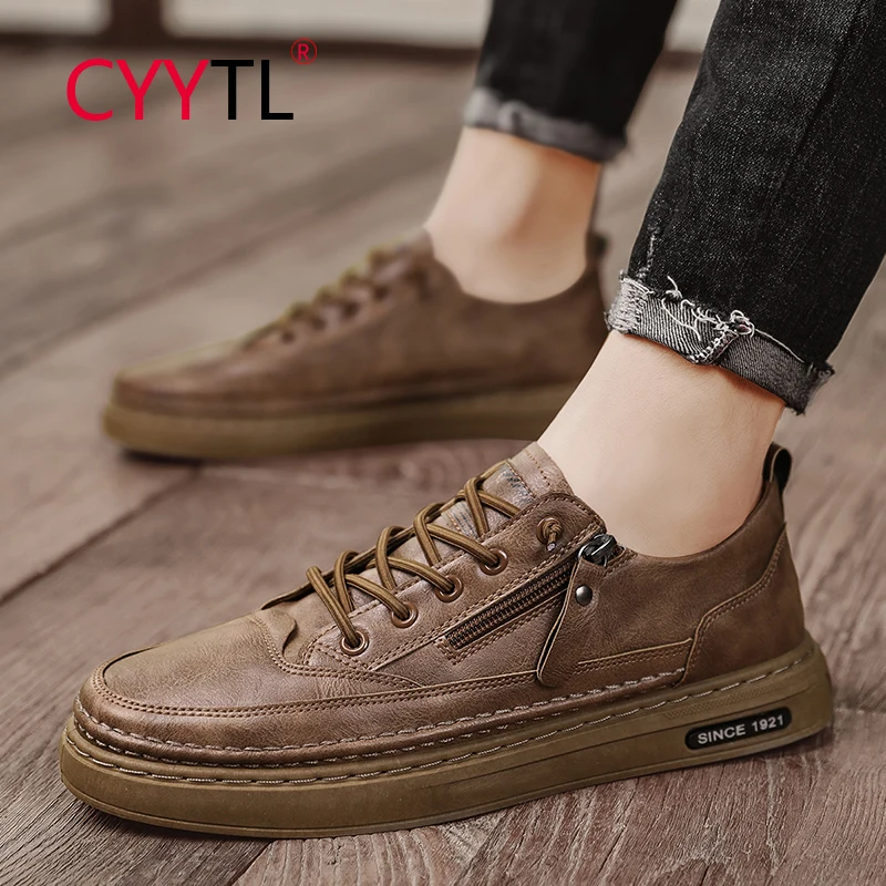 

CYYTL Men's Leather Driving Casual Shoes Low Top Waterproof Leisure Walking Office Work Sneakers Side Zipper Slip On Tennis