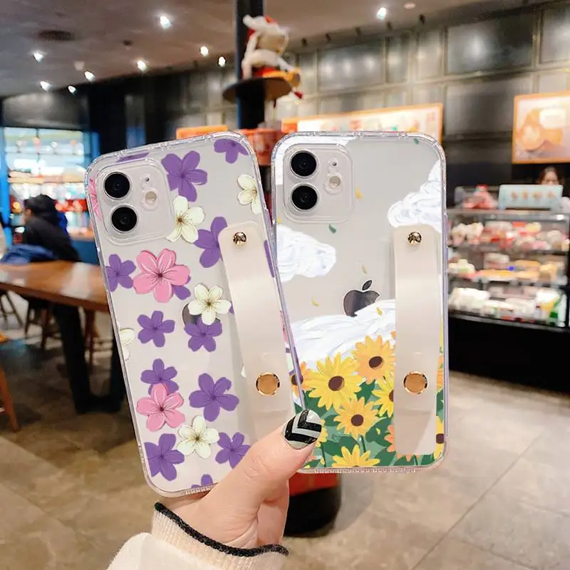 

Flower art strawberry Phone Case Wrist Strap For iPhone 7 8 11 12 X XS XR MINI Pro Max Plus Hand Band Transparent Clear