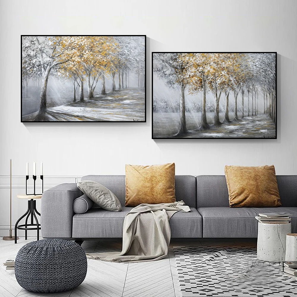 Плакат на холсте с золотыми листьями и серым деревом природный ландшафт