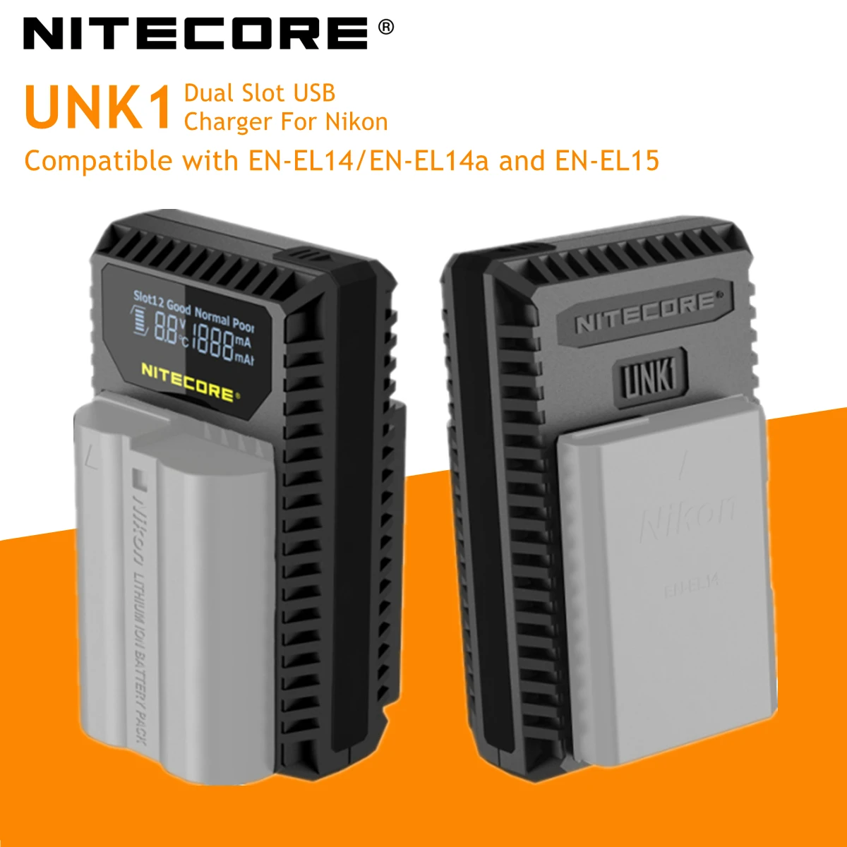 Nitecore-cargador USB de doble ranura UNK1 para cámara Nikon, D750, D810, D610, DF, D7100, D7000, D5100, D600, batería EN-EL14, EN-EL14a, EN-EL15