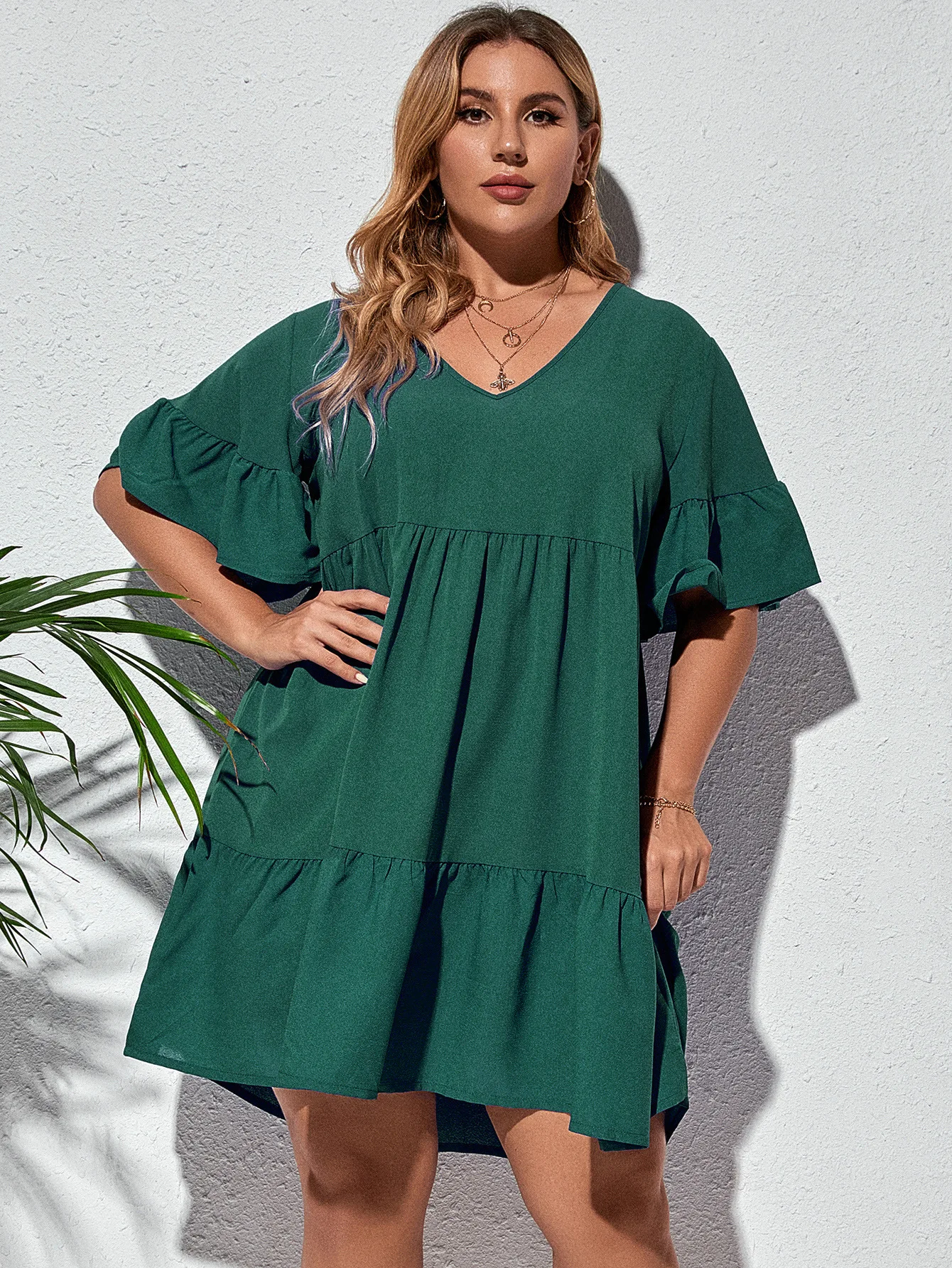 

Plus Size Summer Dress Soild Color Splicing Plicated V-Neck Half Sleeve Knee-Length Dresses Loose Casual Sweet Women Clothing