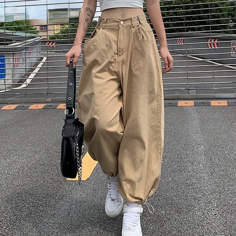 

Baggy Casual Khaki Harem Pants Capris Adjustable Button High Waisted Trousers Ladies Pocket Black Sweatpants Autumn