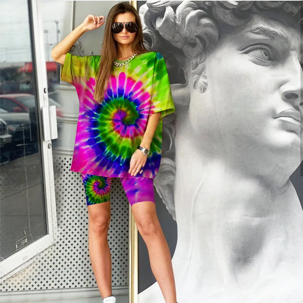 Tie Dye Print Oversized Two Piece Short Set for Women T-shirt Top and Biker Shorts Set Lounge Wear Street Joggers Matching Sets