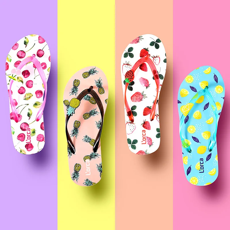 Шлепанцы женские с фруктами пляжные сандалии без застежек тапочки для