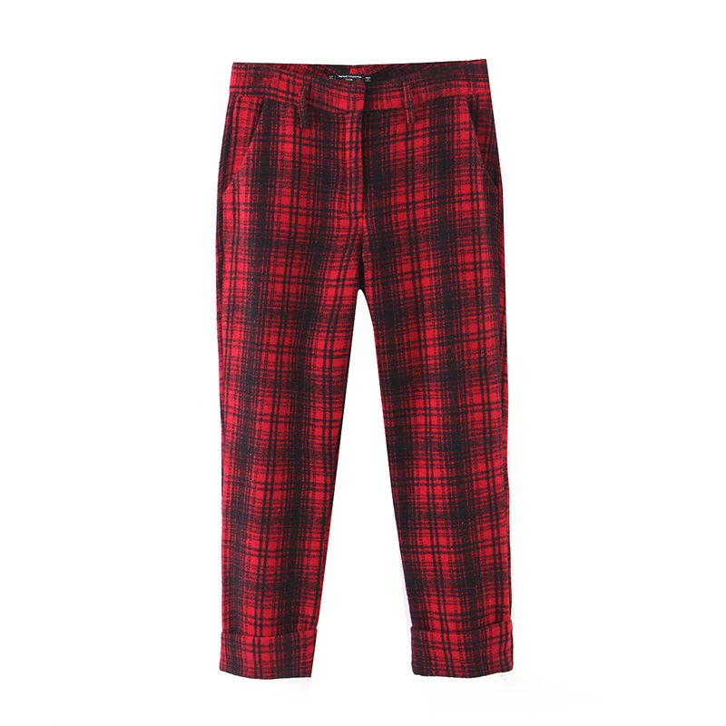 

New Women Spring Wool Red Plaid Printing Fashion Casual Trousers Female Elegant England Style Pencil Pants