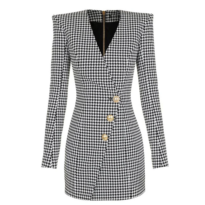 Women Elegant Plaid Dress Autumn Houndstooth Office Ladies Sexy V Neck Long Sleeve Party Bodycon Vestidos | Женская одежда