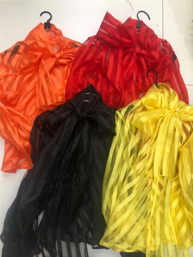 Женская блузка в полоску DEAT тонкая рубашка из органзы с бантом на воротнике и