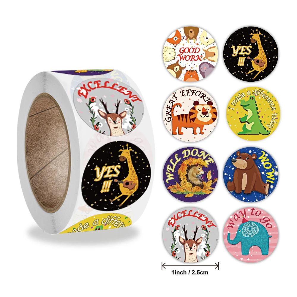 

100-500Pcs Reward Stickers Motivational Stickers Roll for Kids for School Reward Students Teachers Cute Animals Stickers Labels