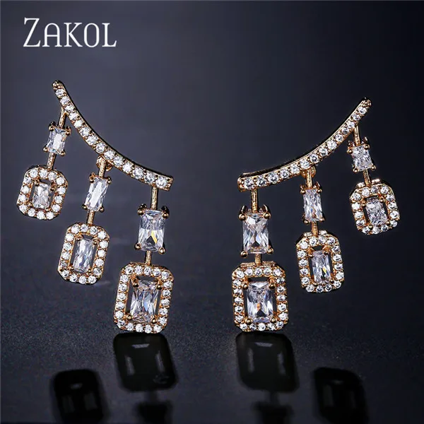 Gold Color ZAKOL панк стиль белое золото кубический циркон висячие серьги люстра Висячие длинные буклы д 'ореиль для невесты FSEP2031 - Окраска металла: Gold Color