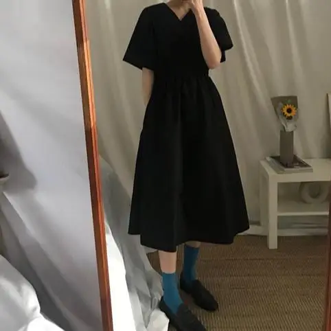 Платье 2020 летнее короткий рукав v-образный вырез высокая талия а-силуэт Harajuku Kawaii