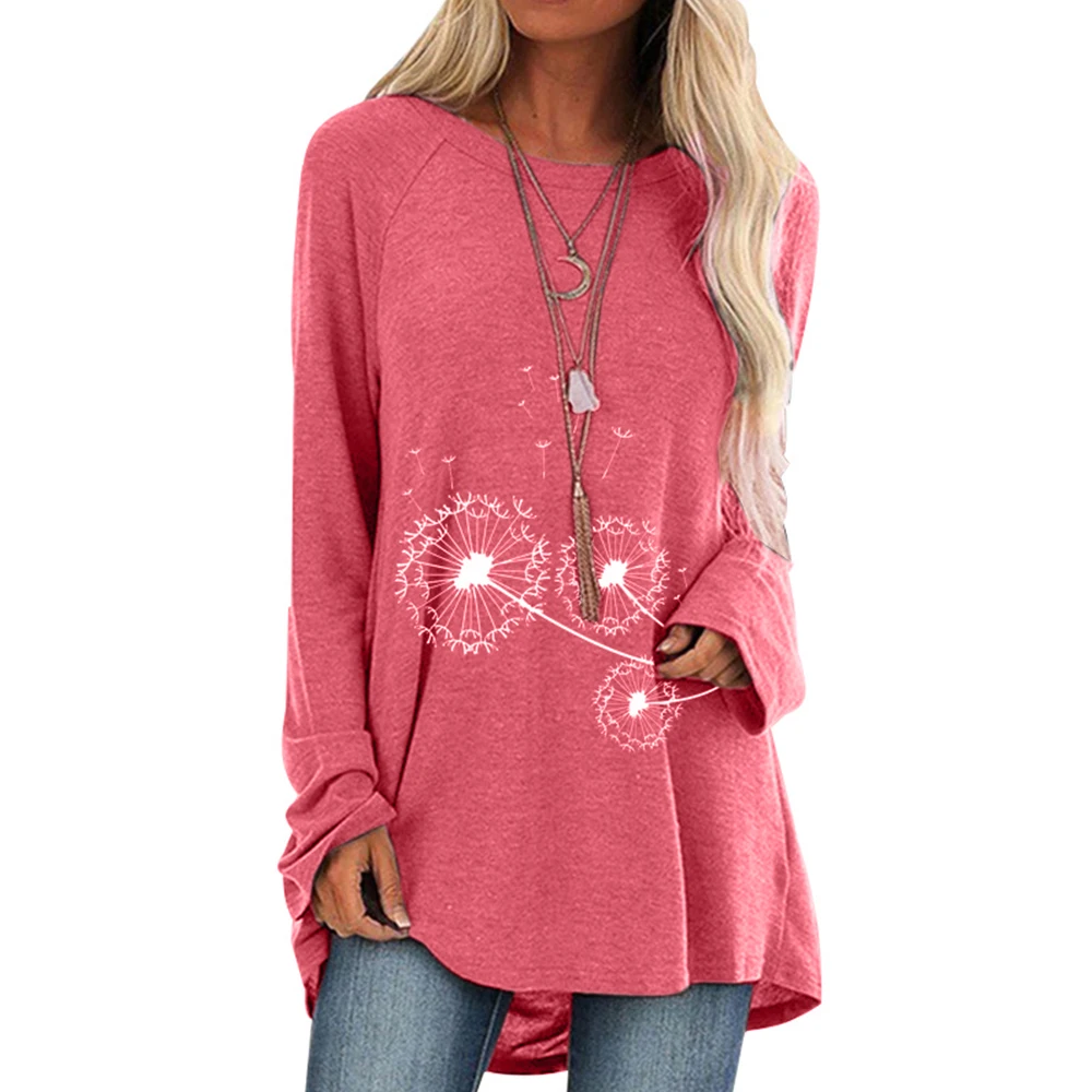 

Vintage Women T-Shirts Long Sleeve O-Neck Mid-Length Tee Tops Casual Ladies Irregular Dandelion-Printed Shirt#k
