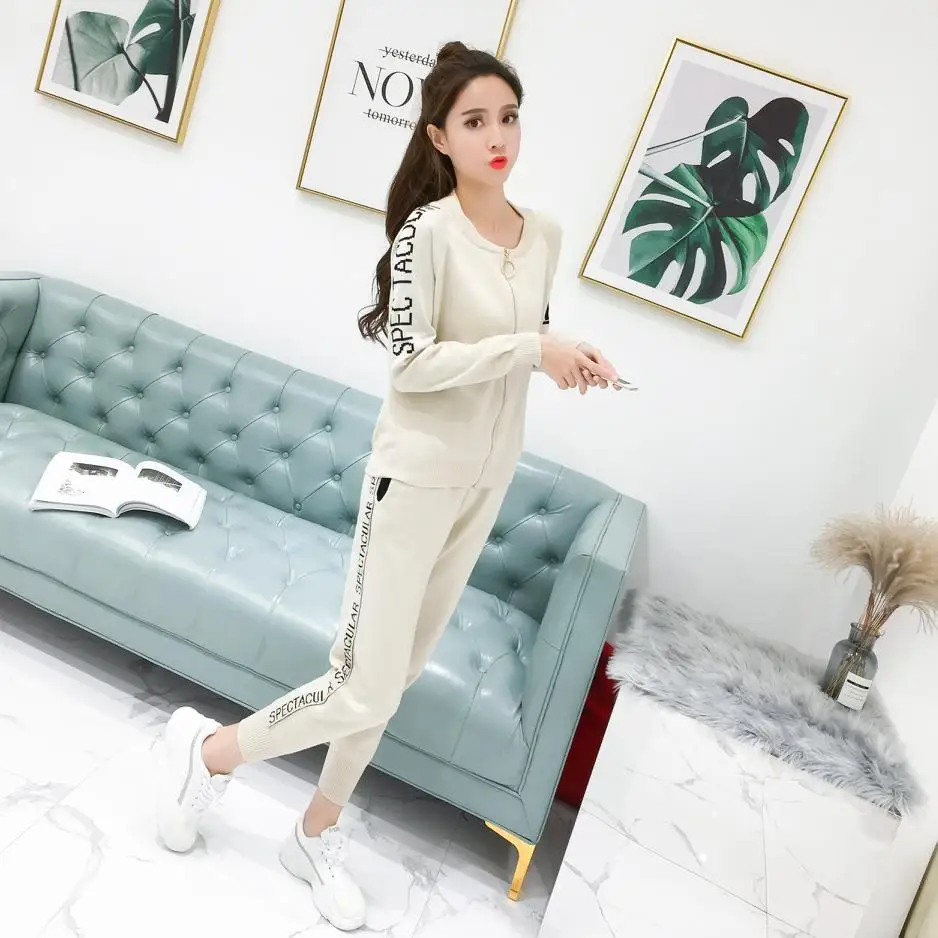 Весна и осень Модный вязаный свитер спортивные костюмы для женщин женская обувь на застежке молнии толстовки тонкие повседневные штаны два комплекта с изображением медвежонка