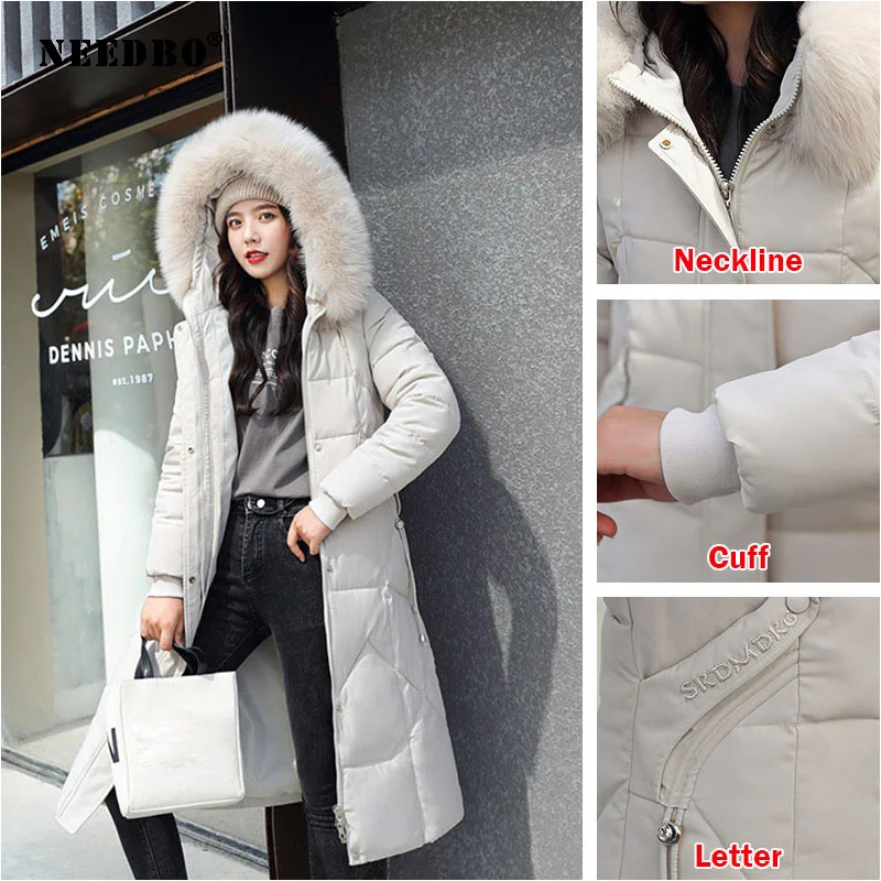 NEEDBO Long Winter Jacket Women Fur Hooded Parka Casual Coat Winter Jacket Oversize Warm Black Puffer jacket Coat Lady Jacket