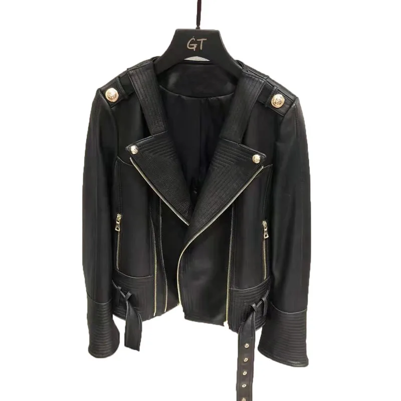 

Autumn And Spring 2021 New Fashion Women Coat Genuine Leather Jacket Moto & Biker Style Turn-Down Collar Female Clothes Fn0023