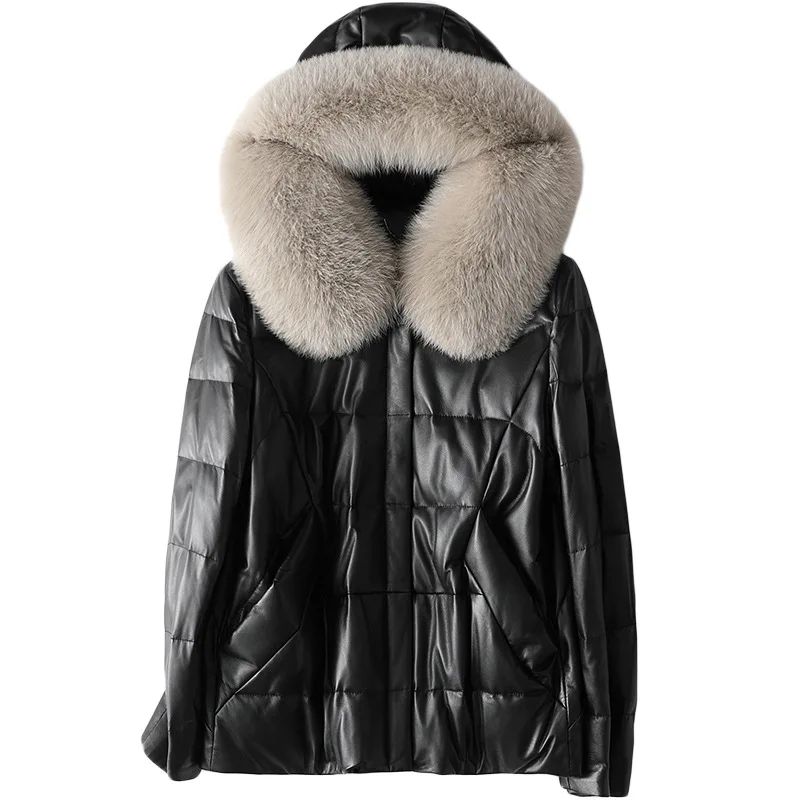 Hot Selling Genuine Leather Sheep Skin Down Jacket Thick Warm Fall Fox Hair Hooded Coat Female Black Winter Clothes with Pockets