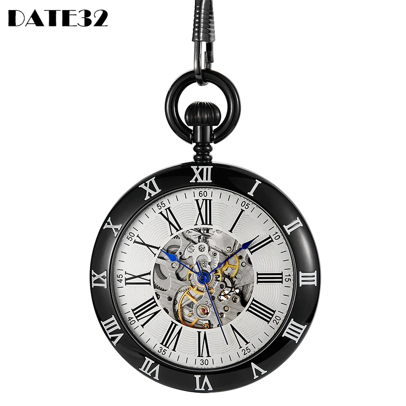 

High Quality Mechanical Pocket Watch Antique Roman Numerals Vintage Skeleton Male Steampunk Fob Chain Clock for Men Women Gift
