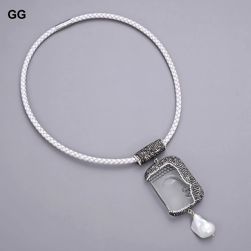 Ожерелье из белой кожи с жемчужинами и кристаллами|crystal buddha pendant|buddha pendantcrystal |