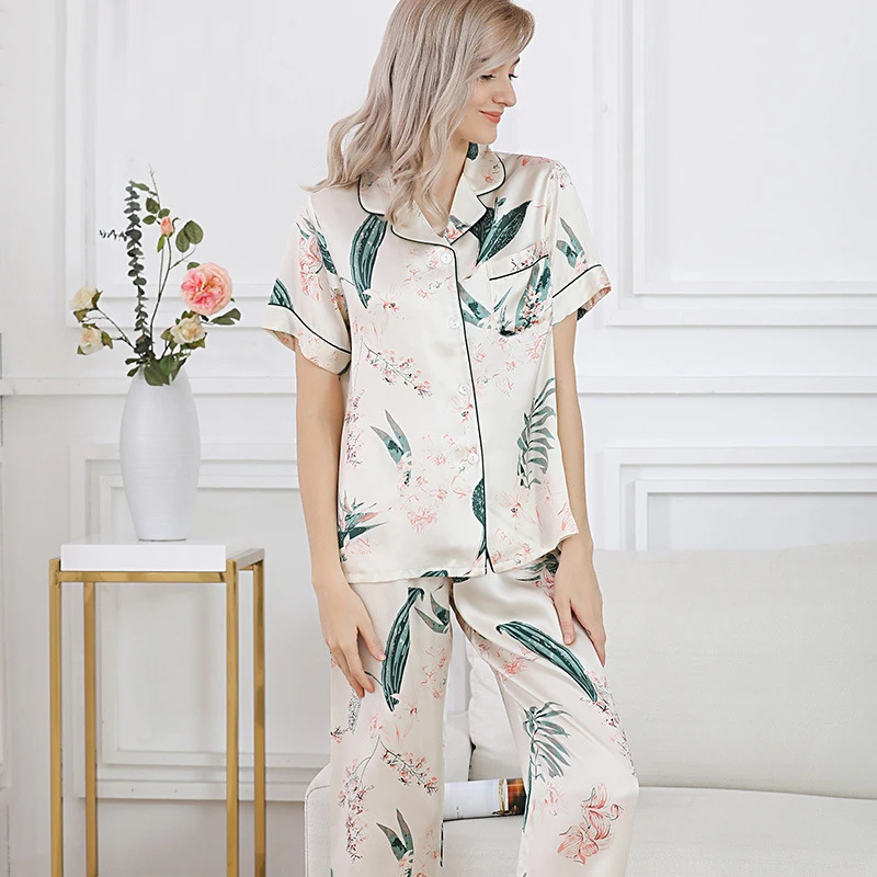 Fashon New Fresh 100% genuine silk Flowers pajamas sets women sleepwear Korean sexy Elegant fashion pure silk womens pyjamas T01