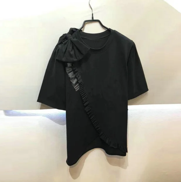 

Summer New Korean Ruffles Bow Tie Round Collar Short-sleeved T-shirt Women's Casual Black Shirt Loose Tee Tops