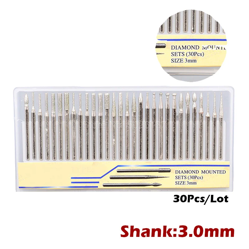 30 шт. 3 мм хвостовик Нефритовая резьба набор алмазных шлифовальных игл сверло