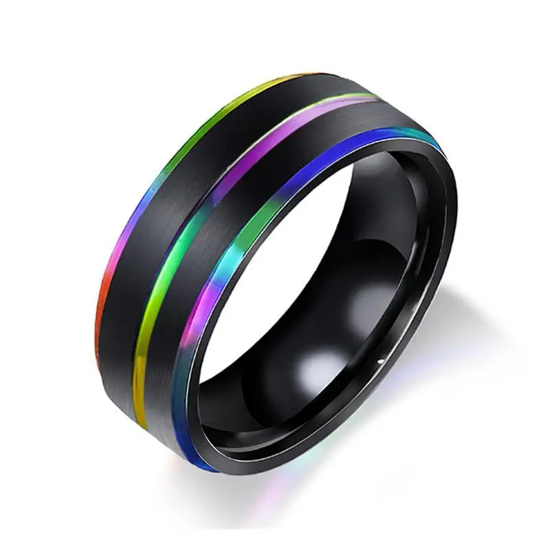 

2021 Men Rings Stainless Steel Rainbow Ring with Double Plating Grooves