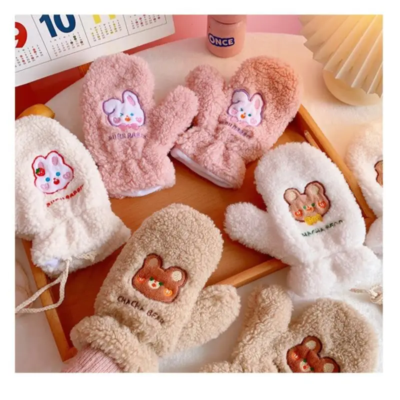 

Winter Kawaii Cute Bears Soft Plush Fur Thick Riding Mittens Glove Keep Warm Females Korean Ins Bear Dog Gloves Women's Girls