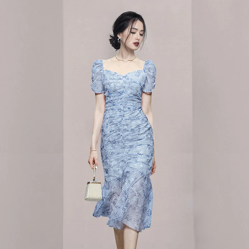 Женская одежда 2021 изящное шифоновое облегающее платье с пышными рукавами и