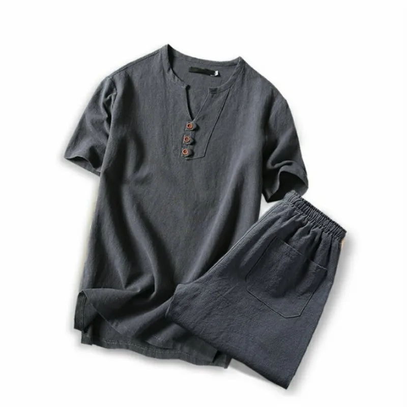 

Summer New Cotton Men Plus Size 5XL Two Pieces Sets Short Sleeve V-Neck Tops T-shirt Elastic Waist Shorts Casual Male Outfits