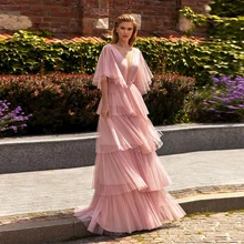 Elegant Cap Sleeves Pink Tiered Prom Dress Long Formal Party Gown For Woman Sweep Train 2021 Vestido De Noche A Line (3)