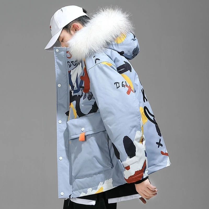 INS Lover Coat Jacke Big Fur Collar White Down Jacket Women 2021 Winter Jackets For Couple Loose Thick Warm Hooded Jacket Female