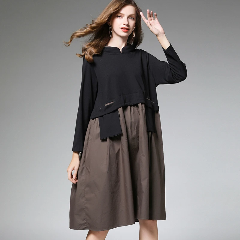 

Autumn Dress 2020 Hooded Patchwork Plus Size Big Pocket Women Casual Fashion Elegant Autumn Winter Dresses Female