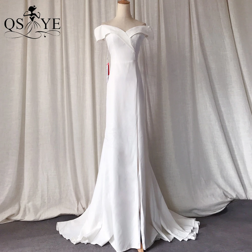 

White Prom Dresses Off Shoulder Long Evening Gown Crisscross Mermaid Formal Gown Side Sleeves Long Train Party Dress Vestido
