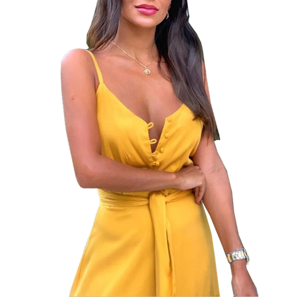 

Front Buttons Loose Sling Style Women Dress Solid Long Sexy Shopping V Neck Casual Sleeveless Summer Beach Holiday Party