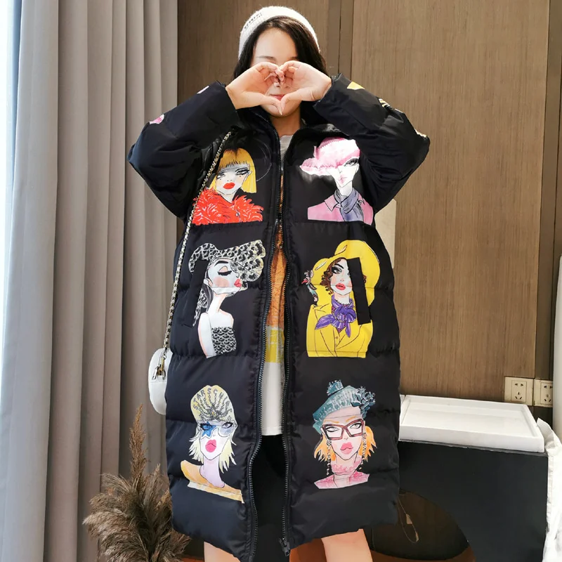 

QING MO Autumn Winter Women Hooded Parkas 2021 Women Cartoon Printed Parkas Female Thick Warm Parkas Oversized Black ZQY2315