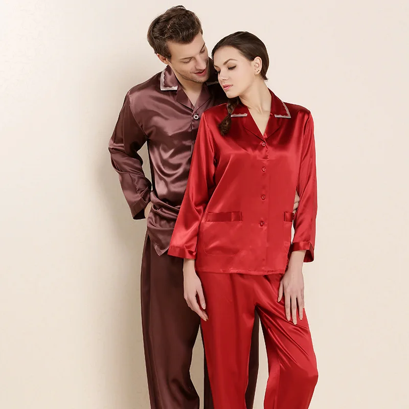 19Mm Mulberry Silk Couple Lover Pajamas Set Embroidered Home Clothes nighty a pair of nightgown and pajama pants