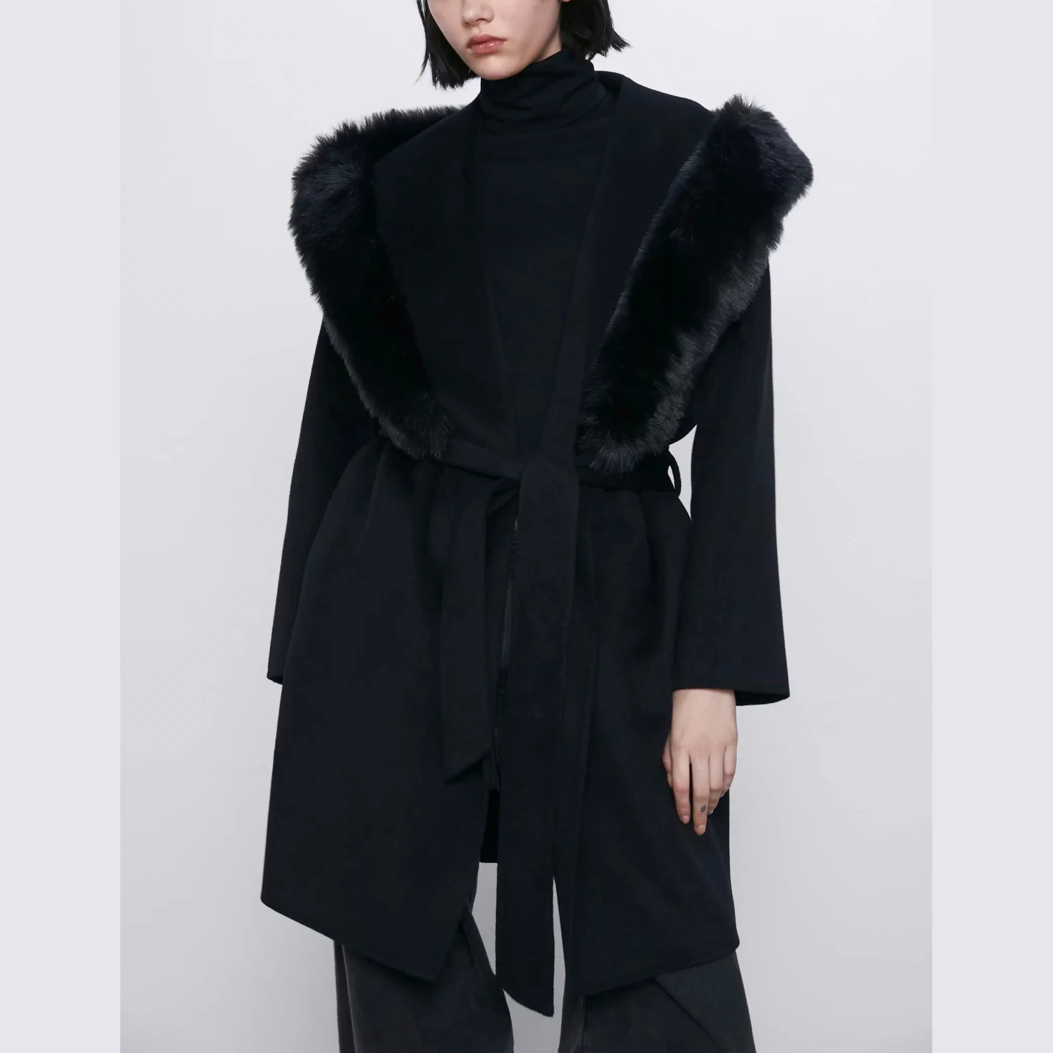 Женское шерстяное пальто ZA повседневное теплое с меховым воротником и поясом на