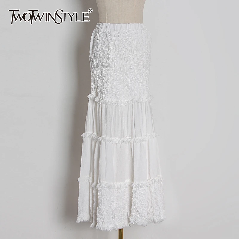

TWOTWINSTYLE White Elegant Patchwork Tassel Women Skirt High Waist Ruched Ruched Ruffle Skirts For Female Fashion Clothing 2020