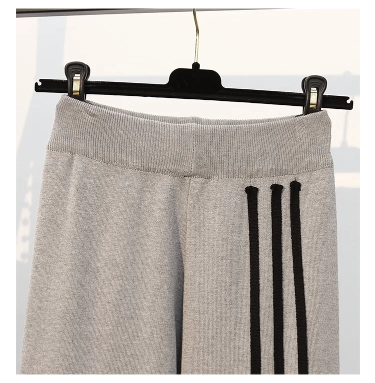 

plus size women knit tracksuits sportswear long sleeve zipper knitted cardigan and elastic waist side striped long pants sets