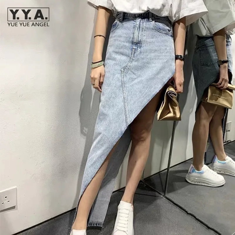 

Summer Fashion Personality Asymmetrical High Waist Denim Skirt Female New High Street Casual Distressed A-Line Jean Short Skirt