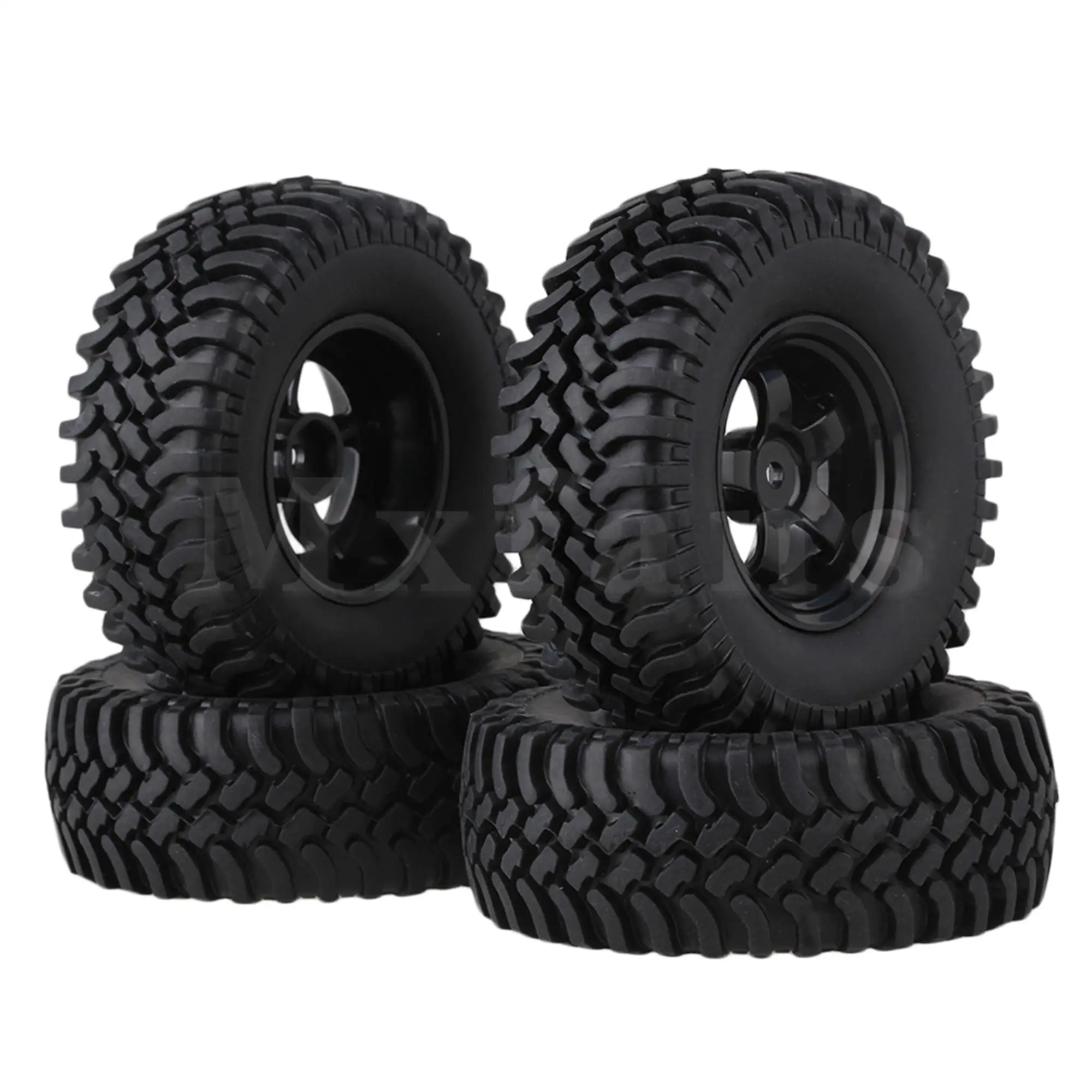 

4PCS Simulation Rubber Tyre & Black Plastic 5-Spoke Wheel Rim for RC1:10 Rock Crawler