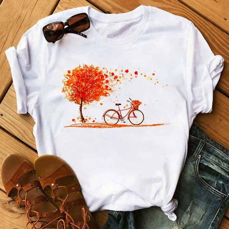 

Summer Harajuku Short Sleeve White T Shirts Cartoon Casual Woman Tops Tees Maycaur New Funny Bicycle with Sunflower Women Tshirt