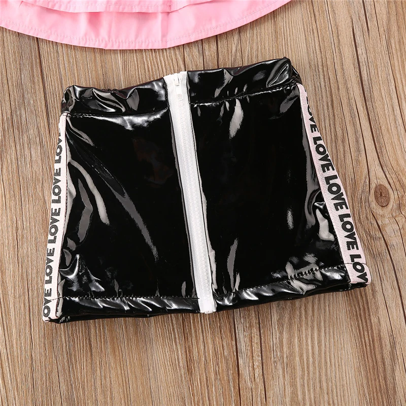 Модная летняя одежда для маленьких девочек футболка с оборками кроп-топы кожаные