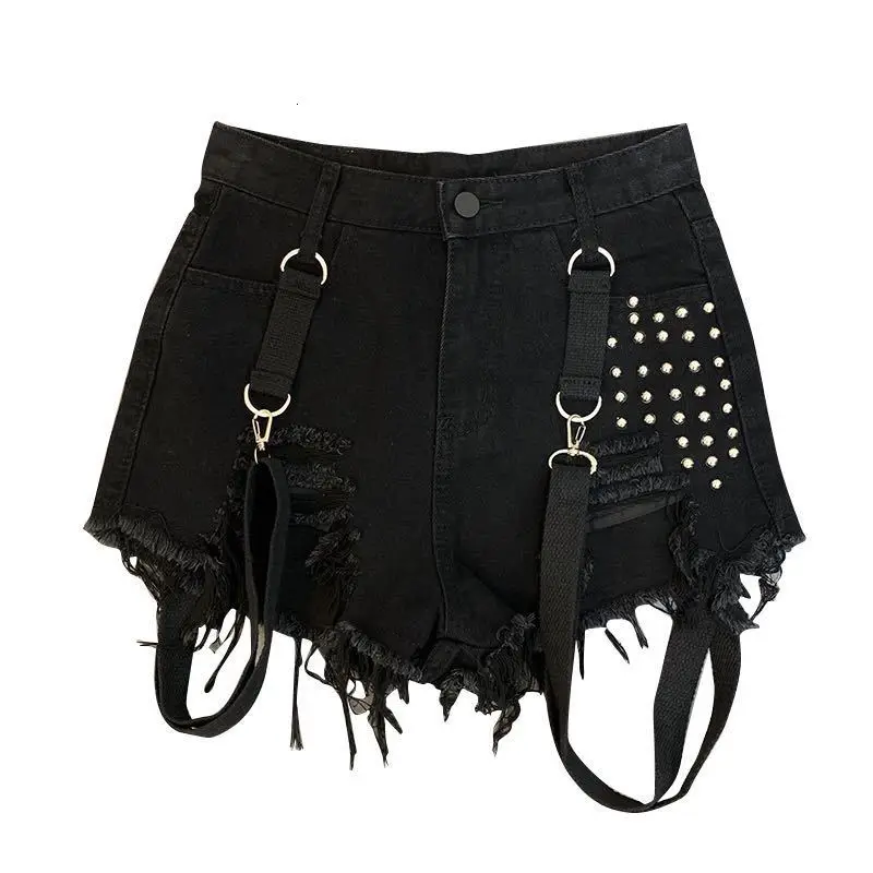 

2021 Spring Summer Women Black Casual Fashion Denim Shorts Female Beading Shoulder Strap Trend Shorts Burrs Tassel Short Jeans