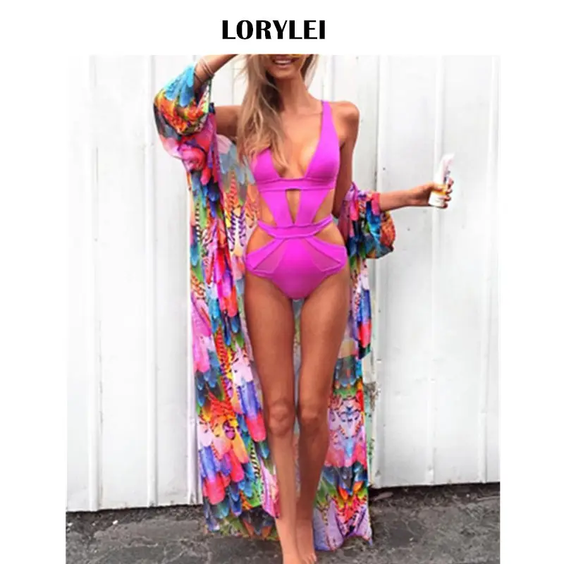 

saida de praia Fashion Beach Bikini Cover Up Women Beachwear Multicolored Tropical Printed Ankle Length Kimono Cardigan N600