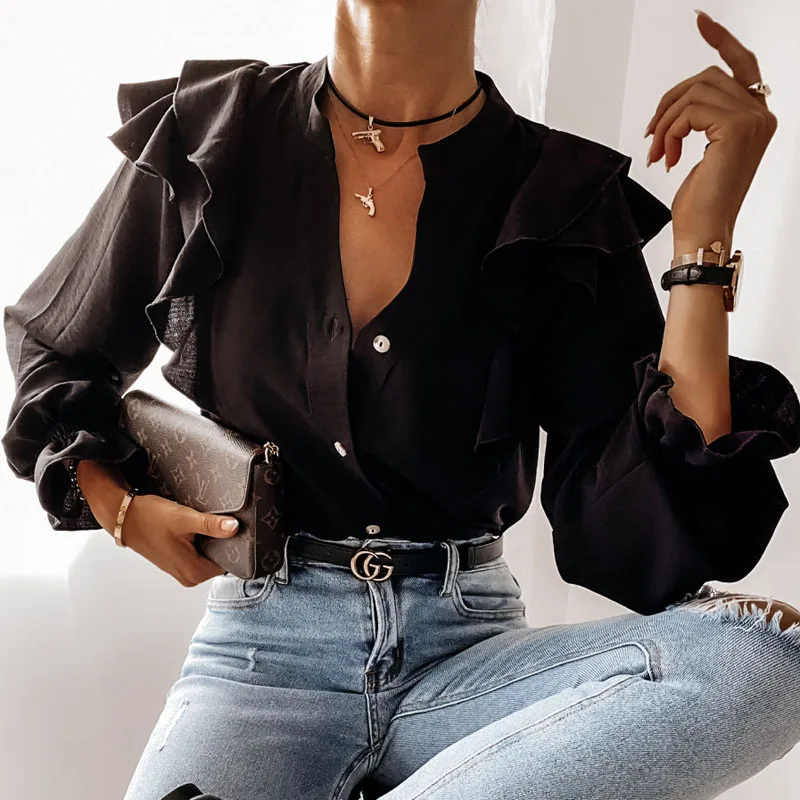 

Casual Leopard Dot Print Ruffle Blouse Shirt Autumn Winter Long Sleeve Women Shirts Elegant Office Lady V-Neck Button Tops Blusa