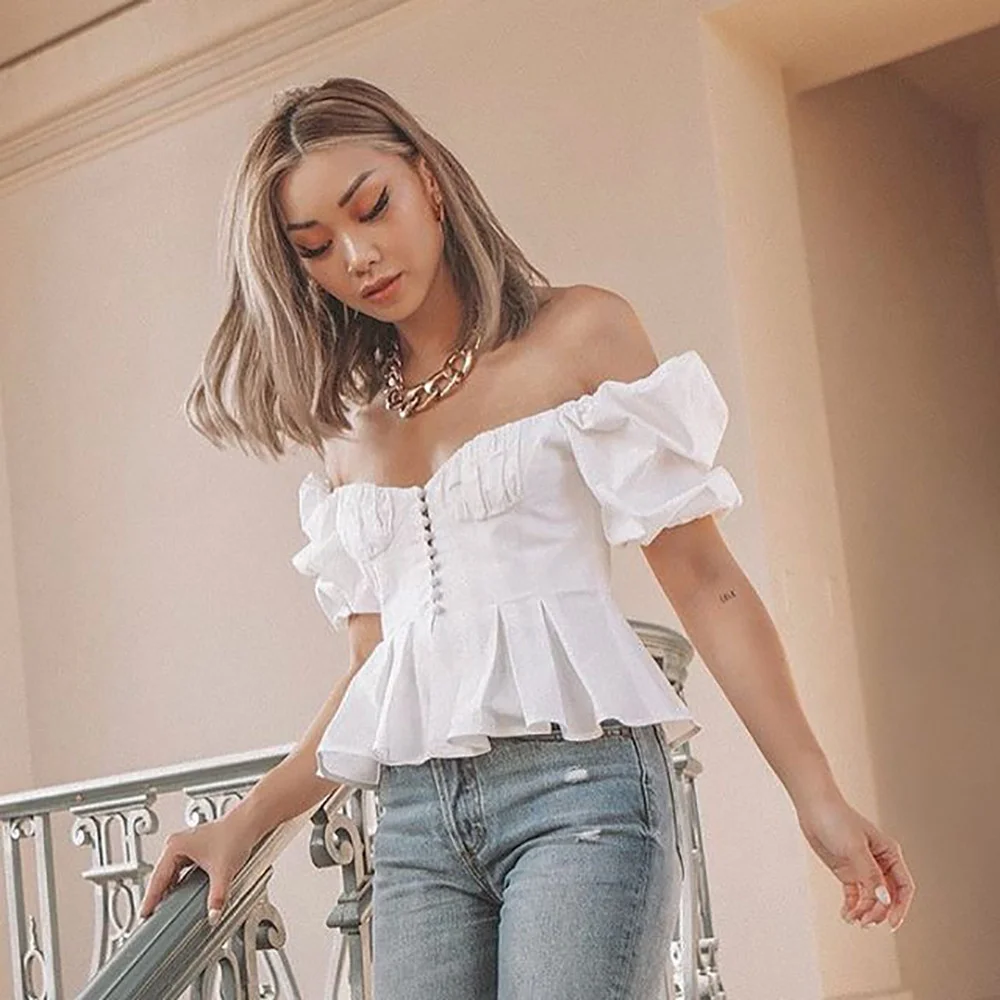 

White Shirt Women Pleated Square Collar Vintage Lace Up Fashion Tops Puff Sleeve Summer Elegant Blanca Mujer Chic Blouse