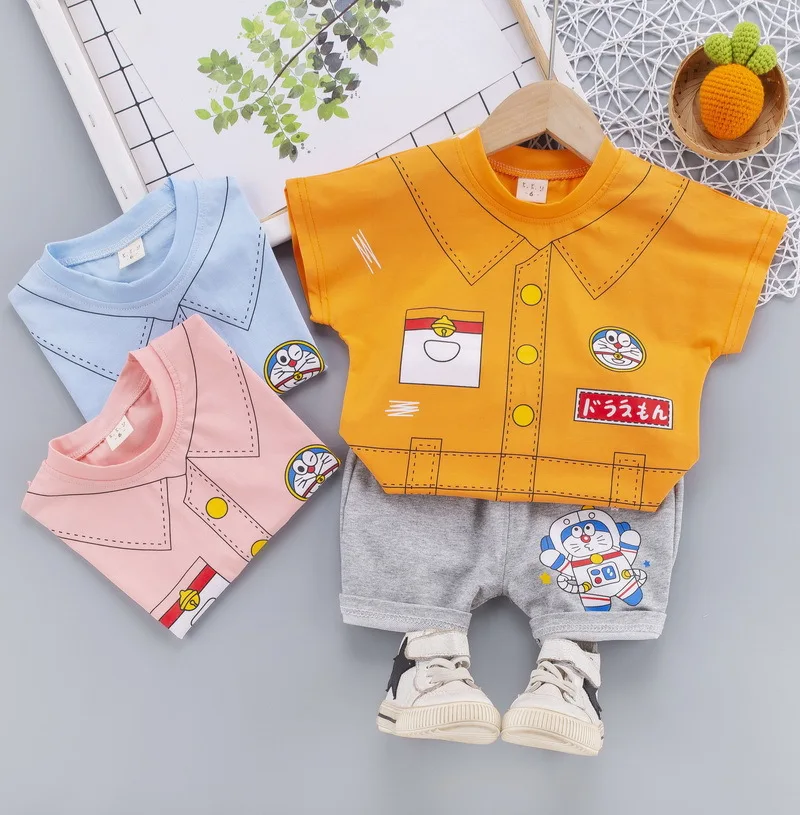 

Детская одежда, Летний Новый костюм для мальчиков и девочек с героями мультфильмов Дораэмон, Детский костюм из 2 предметов с коротким рукаво...