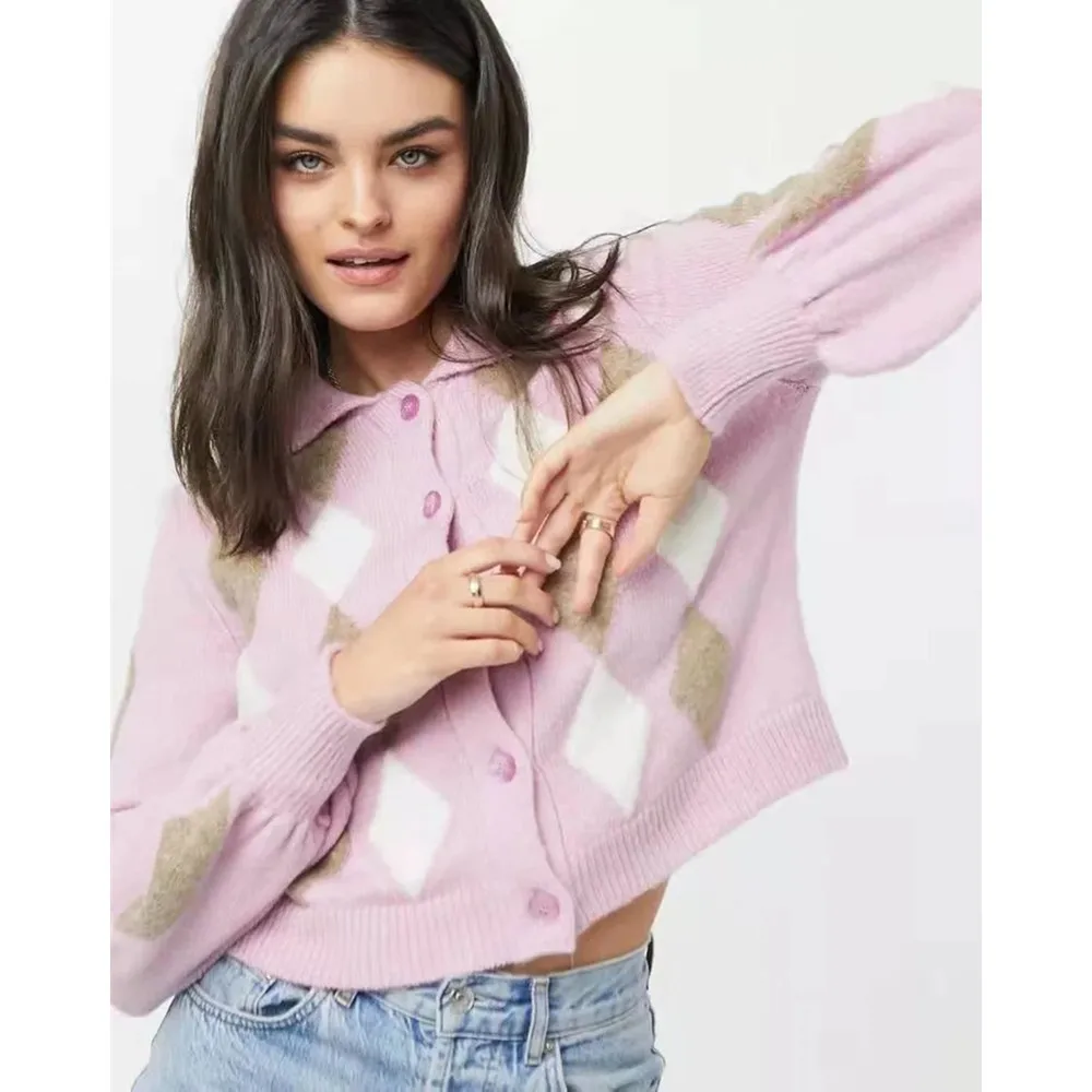 

Women New Breathable Long Sleeve Single-Breasted Knitted Cardigan Casual Knitwear Diamond Plaid Lapel Sweaters Autumn Jumpers