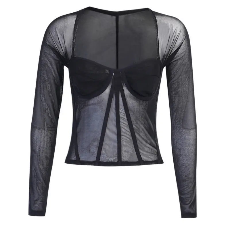 

Retro mesh perspective top slim sexy trend square collar T-shirt